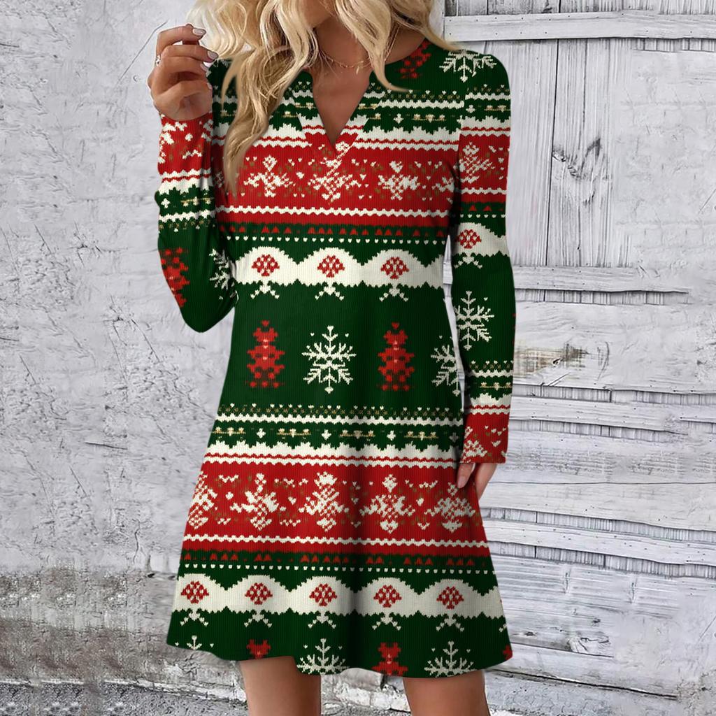 Dámské vánoční šaty s potiskem Volné šaty s výstřihem do V a dlouhým rukávem pro volný čas