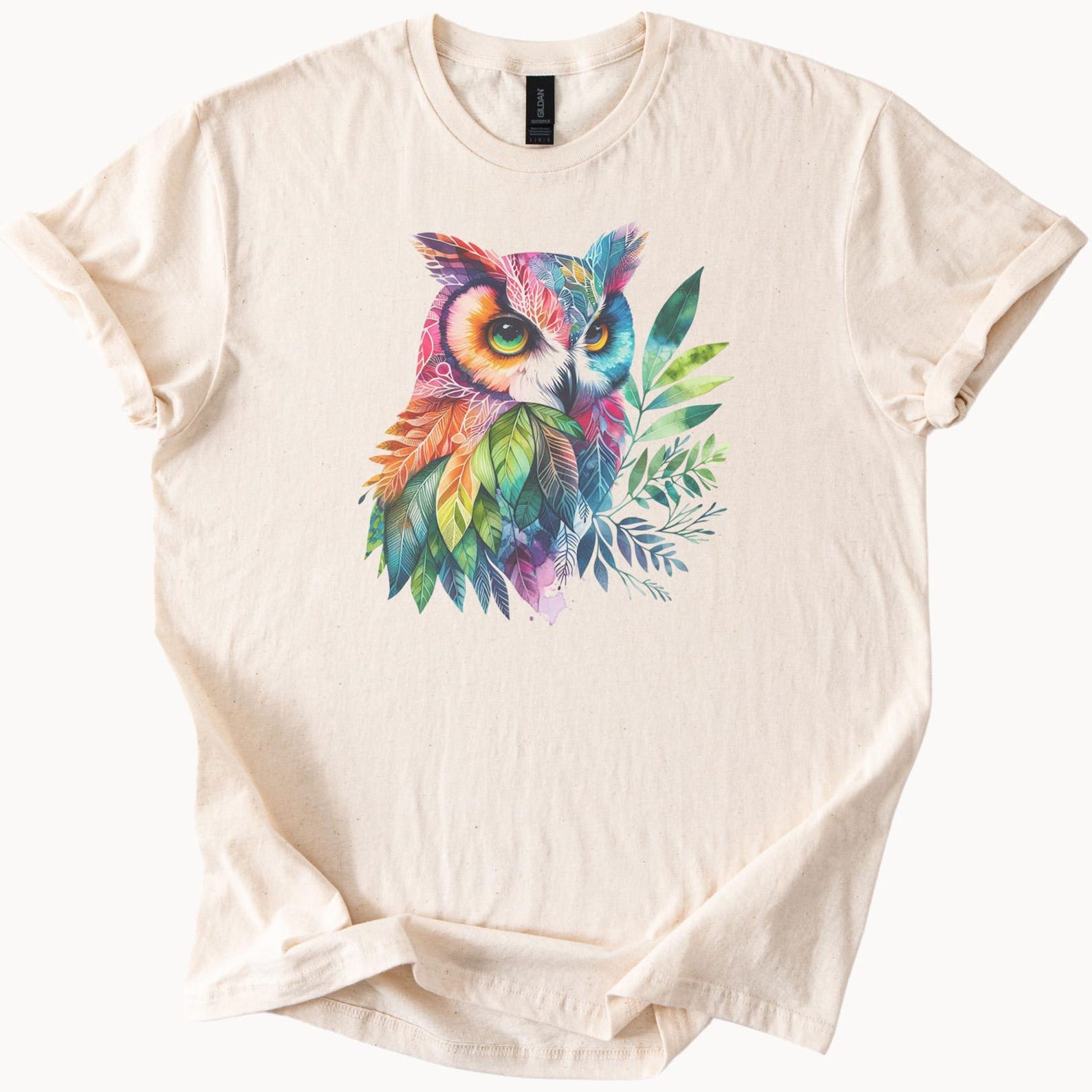 Colorful Owl Art Tee with Rainbow Leaves and Forest Foliage Graphic Nature Bird Shirt Wildlife Illustration TShirt for Animal Lovers 160