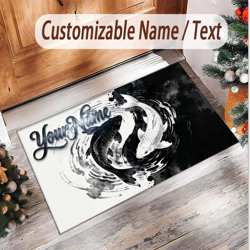 Koi Fish Theme Soft Crystal Velvet Rug Custom Name & Text Print Non Slip Floor Rug for Bedroom Living Room