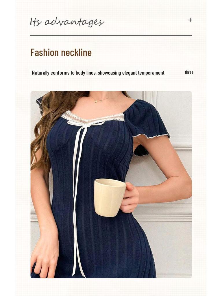 Ruffle Bow Short Sleeve Nightdress – Casual, Elegant Home Wear for Inside and Out