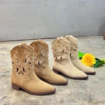 Flowering On the Other Side, New Western Cowboy Boots Embroidered Hollow Women's Thick Heel V-mouth Knight Boots Women's Retro Short