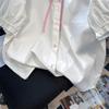 Doll Collar Checkered Lace Up Shirt for Women Puff Sleeved Single Breasted Shirts Summer Loose Embroidered White Tops