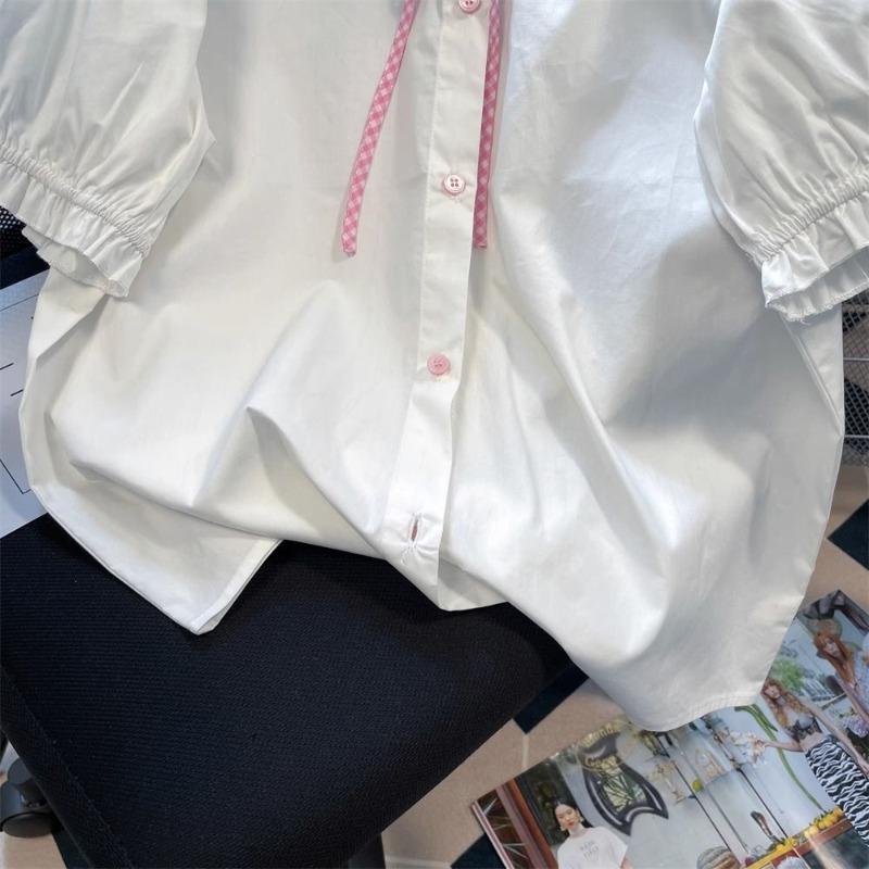 Doll Collar Checkered Lace Up Shirt for Women Puff Sleeved Single Breasted Shirts Summer Loose Embroidered White Tops