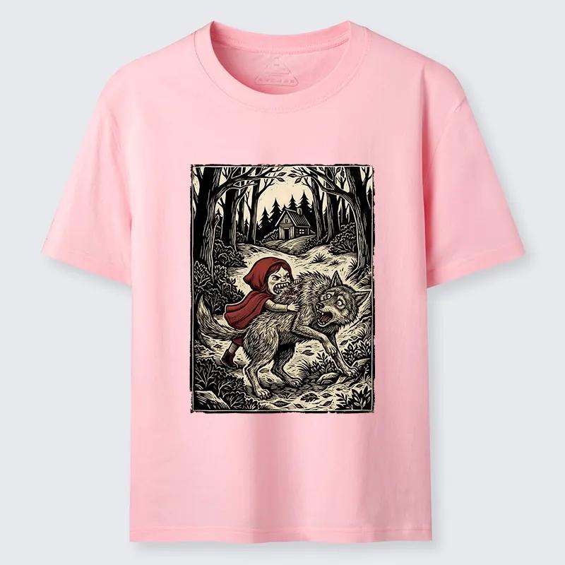 Fashionable T-shirt for Summer 2026, New Limited Edition, Funny Little Red Riding Hood Defeats the Big Bad Wolf, Pure Cotton, Y2K T-shirt with a Roun