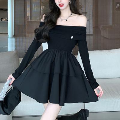 Einlanger A-Linien-Kurzrock mit langen Ärmeln, Kleid für Frühlings- und Herbstkleidung für Damen, süßer, schmaler, taillenbetonter kleiner schwarzer Rock