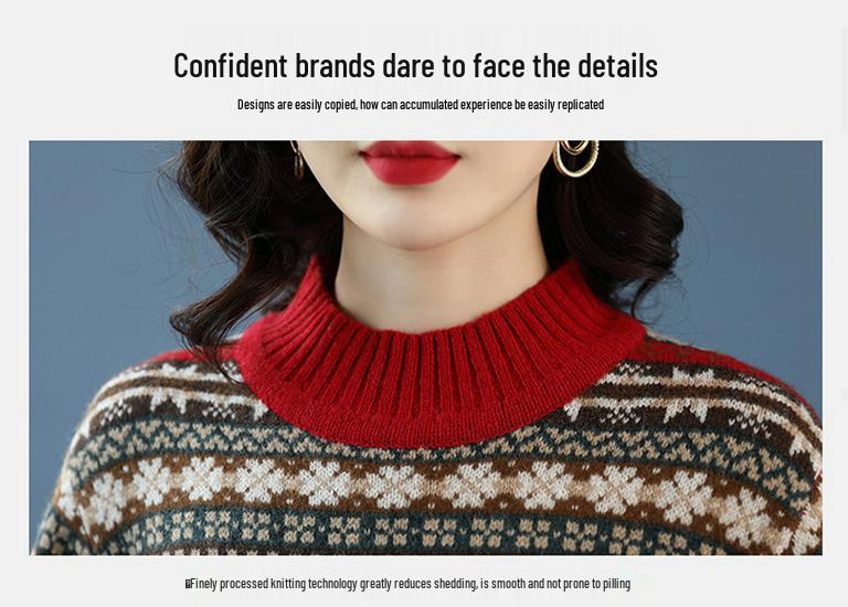 Women's Jacquard Pure Wool Sweater - Thickened Half-High Collar, Long Sleeve, Loose Knit - Autumn/Winter Fashion
