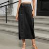 Women's Elastic Waist Denim Midi Skirt Button Front Split Cargo Pocket Streetwear Long Denim Skirt
