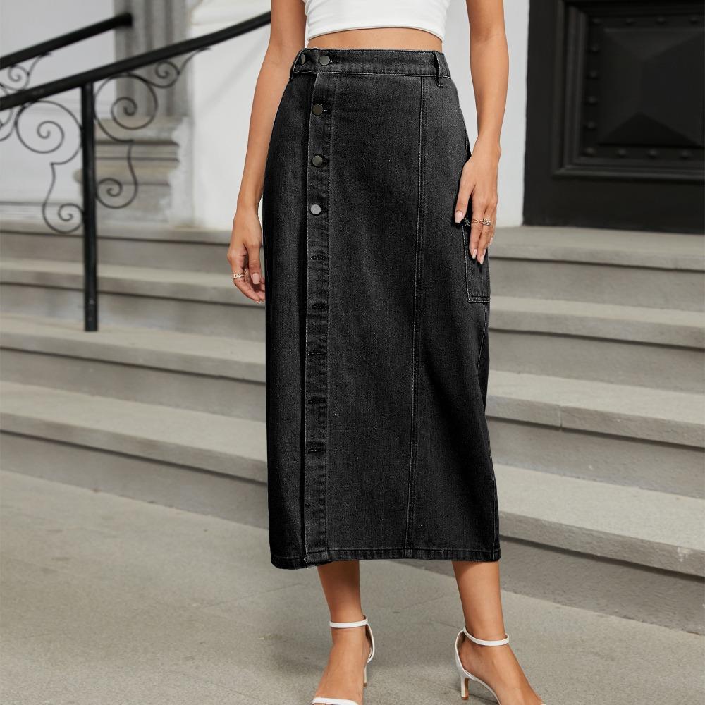 Women's Elastic Waist Denim Midi Skirt Button Front Split Cargo Pocket Streetwear Long Denim Skirt
