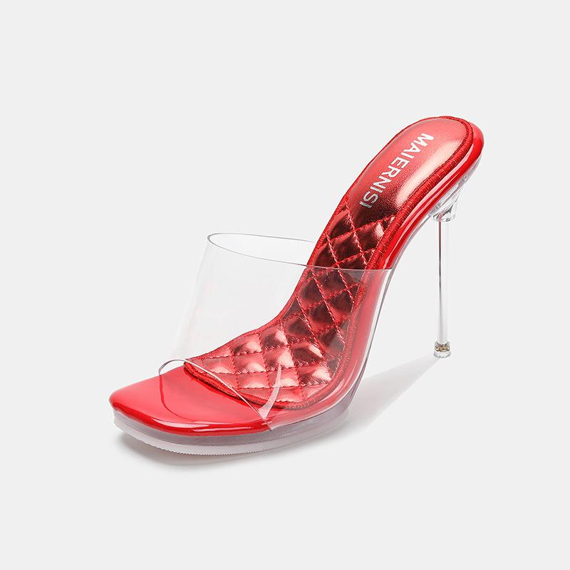 Transparent Crystal Bottom Metal Heel High Heel Sandals Thin Heel Fish Mouth Cool Slippers Model Catwalk Sexy