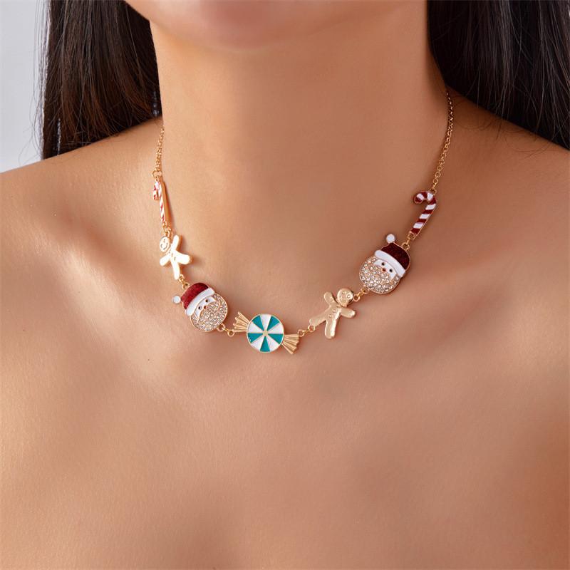 Christmas Jewelry Set With Rhinestone Santa And Gingerbread Pendant For Holiday Gifts