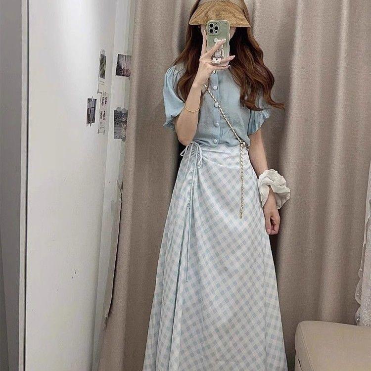 Korean Style Women s Summer 2026 Plaid Skirt and Short-Sleeved Shirt Set S [Recommended for 42.5-50kg]