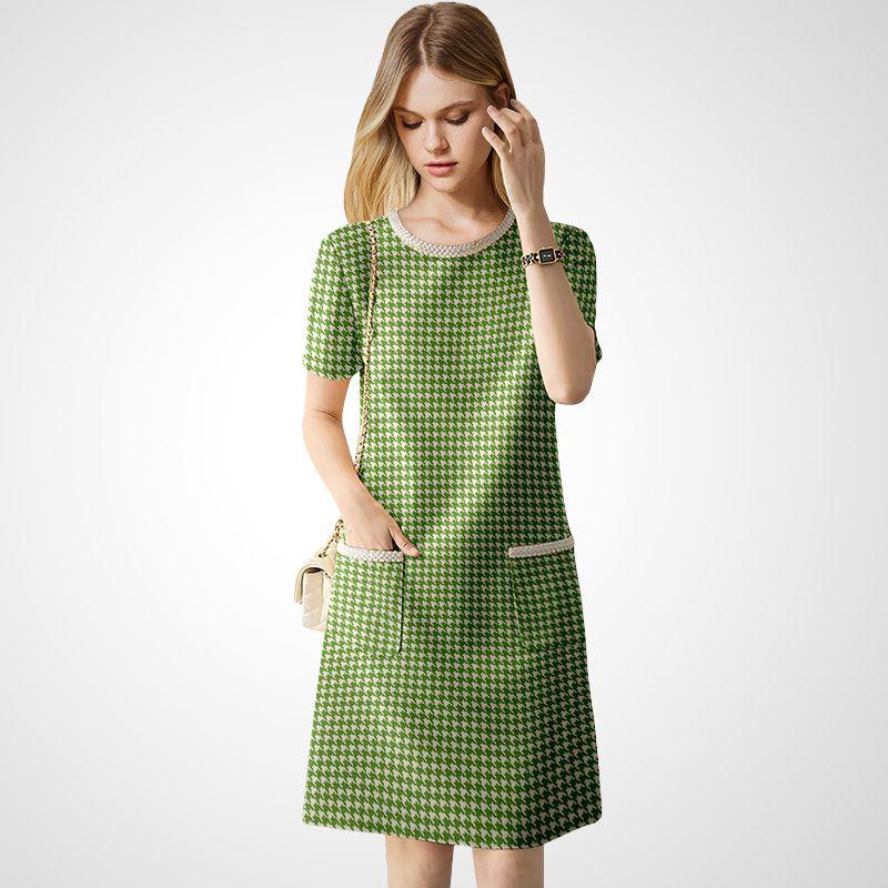 

Fancy Houndstooth Classic Style Dress Summer 2025 New Arrival Socialite Western Style Fashion Elegant Straight Dress Green- M