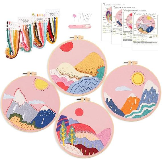 Harimau 4P in Beginner Embroidery Kit,Floral Plant Pattern,Cross Stitch Kits, Including Stamped Embroidery Cloth with 2 Embroidery Hoops, Color