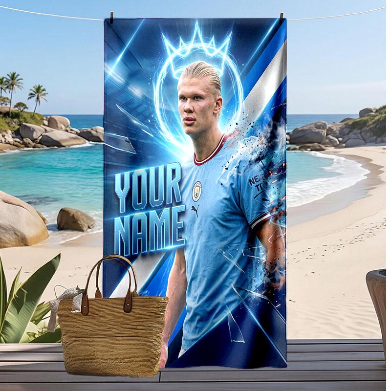 Asciugamano da Spiaggia Personalizzato Stampato Erling Haaland Logo Calcio Supporto Nome Personalizzato Testo Asciugamano Assorbente Per Sport Viaggio Regalo Speciale