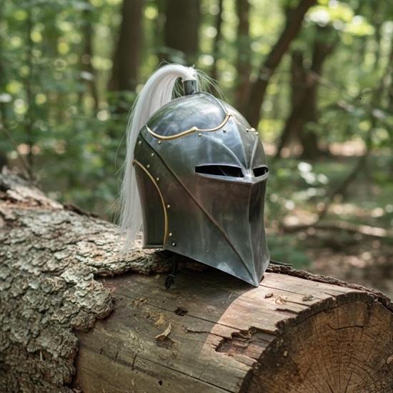 

Medieval Winged Knight Helmet, Brass Finish Helm with Visor Plume Steel Trim Gothic Renaissance Cosplay Display Gift