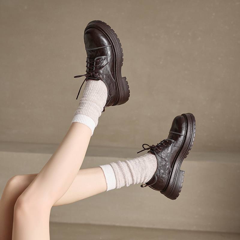 

Krazing Pot Sheepskin Round Toe Med Heels Lace Up Spring Autumn Shoes Big Size 41 Preppy Style Oxford Women Pumps 41 коричневий