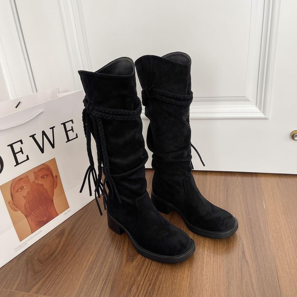 New Spot Tassel Retro Wasteland Wind Boots Women's Thick Heel Thin Pleated Piled Boots Thick Sole But Knee High