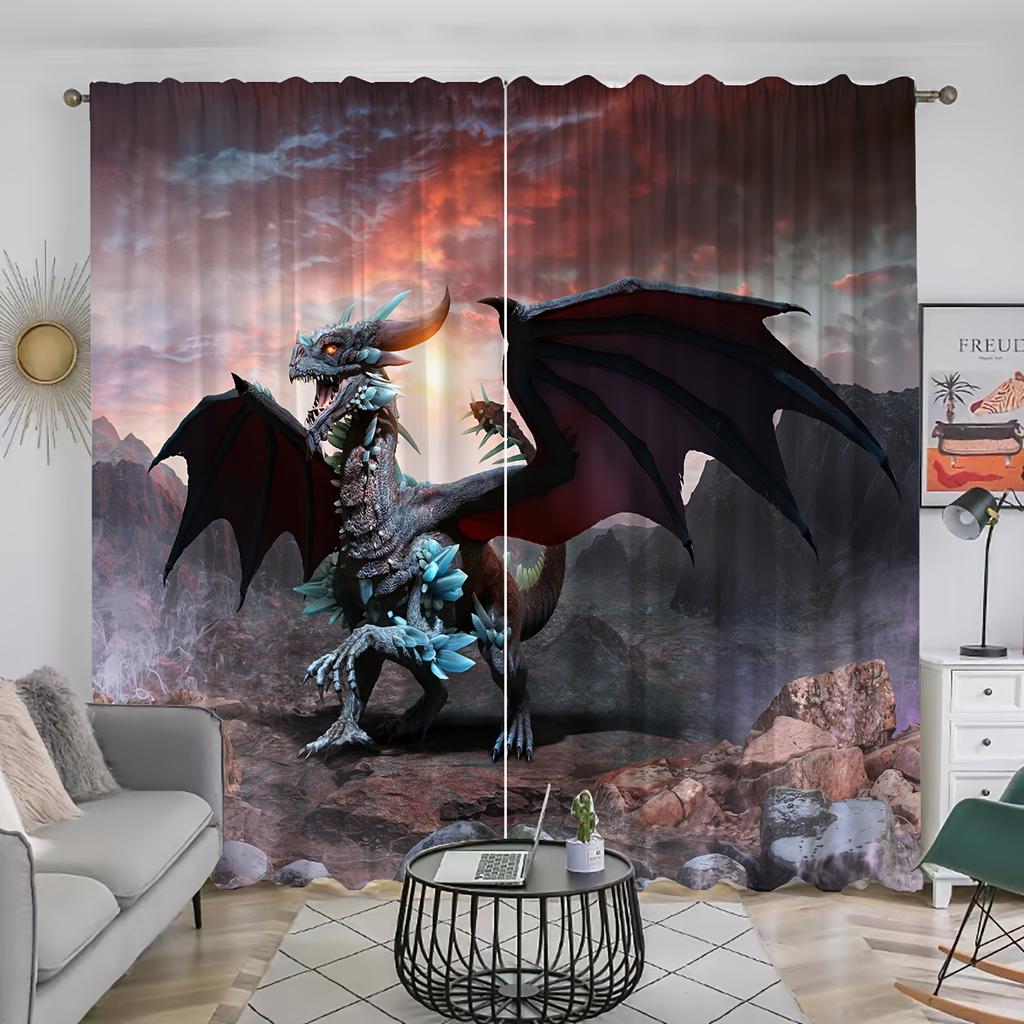 2panels Dragon Print Curtains Rod Pocket Curtain For Restaurants Living Rooms Bedrooms Offices Study Rooms Home Decoration