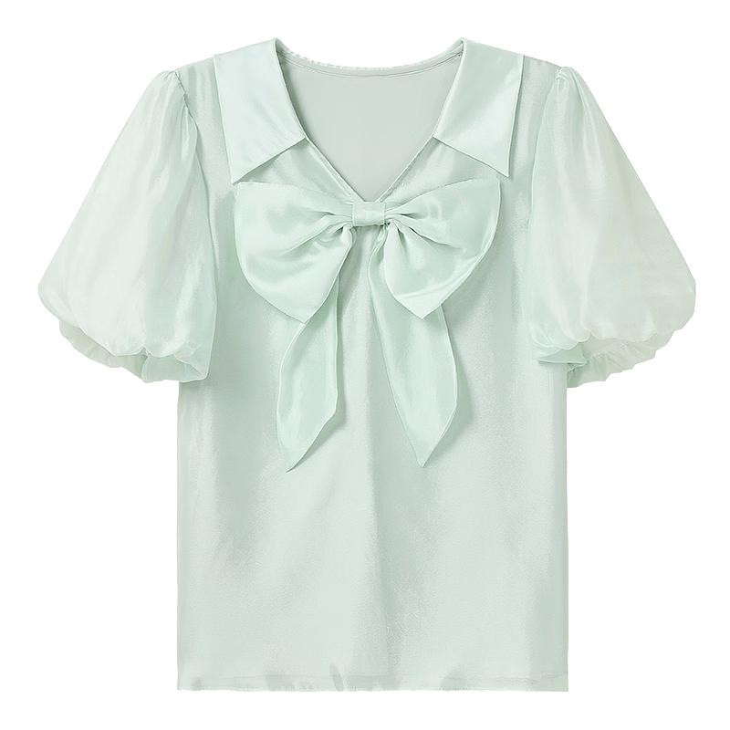 Women s Sweet Bow V-Neck Chiffon Short Sleeve Blouse S