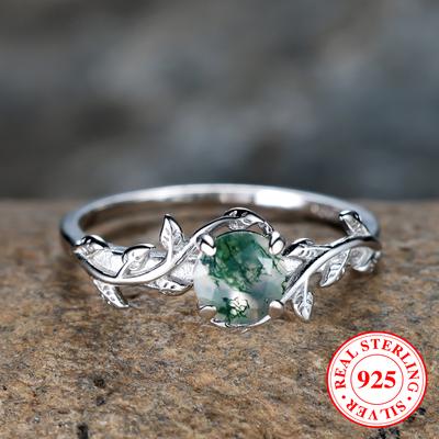Verlobungsringe aus 925er Sterlingsilber mit grünem Moosachat für Frauen, eleganter Ring in Blattform, einzigartiger Schmuck als Hochzeitsgeschenk
