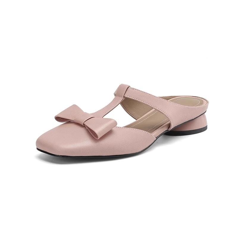 Fashion Baotou Half Slippers Women's Summer New Square Toe Shallow Mouth Bow Low Heel Block Heel Slip-on Wear-resistant Slippers
