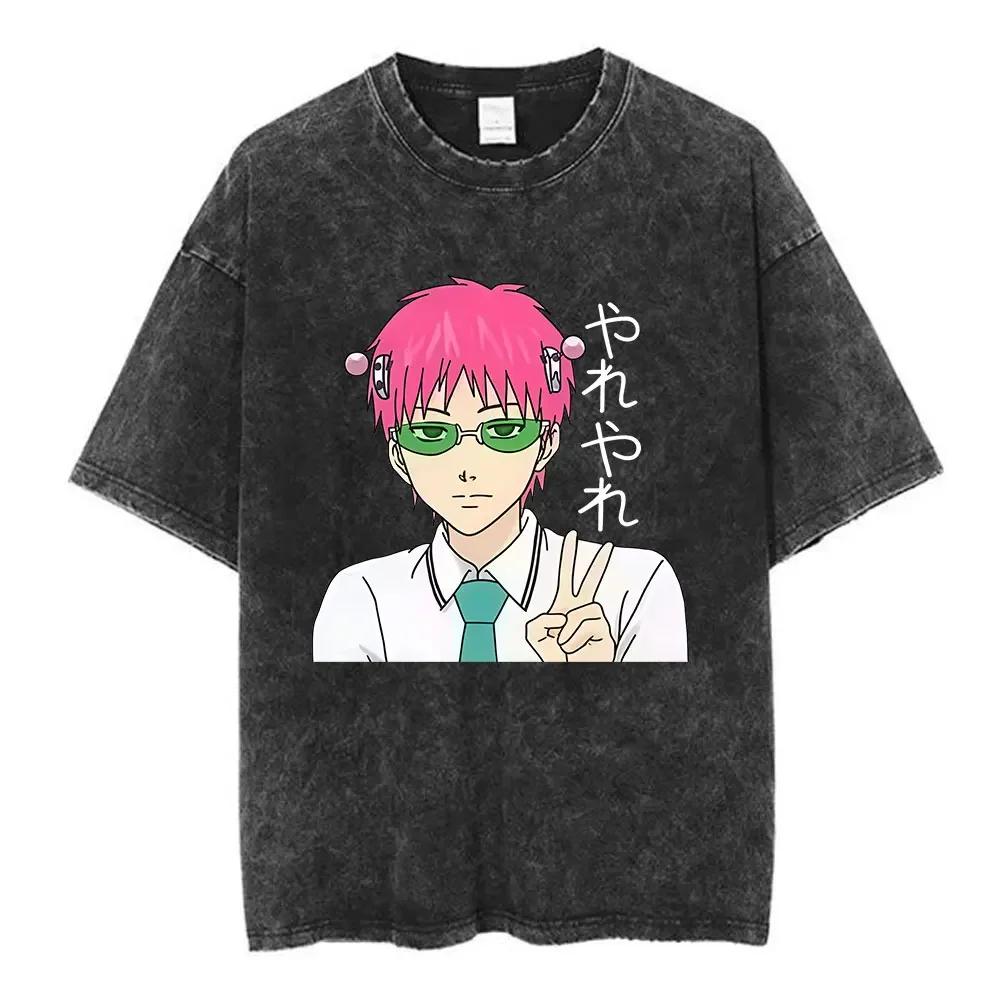 2026 Hot Sale Washed Vintage Anime The Disastrous Life of Saiki K Saiki Kusuo T-shirt Men Women Retro Cartoon Merch T-shirts Oversized T Shirts Top