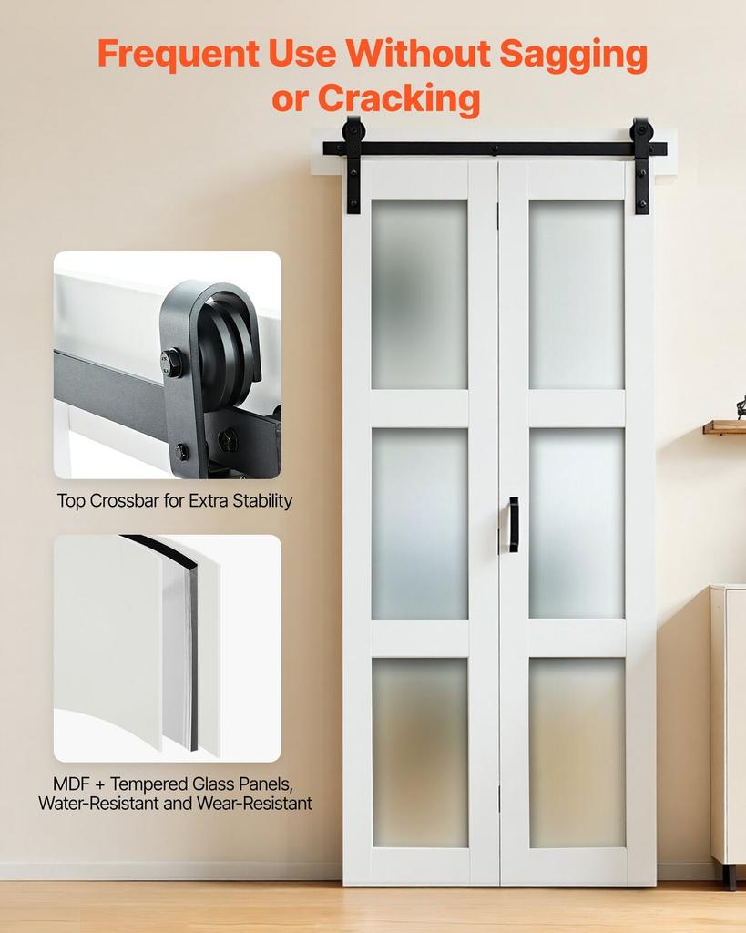 Puerta de Granero Plegable Doble, 914 x 2134 mm, MDF con Vidrio Templado Puertas Correderas Plegables Dobles para Armario, Kit de Herrajes Incluido, Diseño Ahorrador de Espacio, Pre-ensamblado
