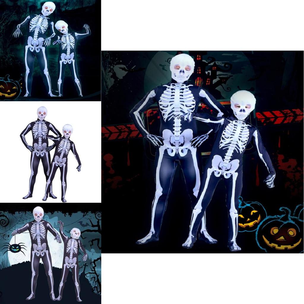 Unisex Parent-child Skeleton Man Costume Jumpsuit With Spooky Mask For Halloween Fun