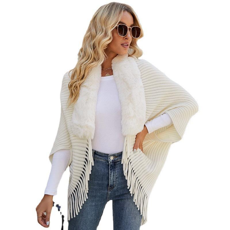 Poncho Châle Cape en Tricot avec Col en Fourrure et Franges pour Femme Vêtement d'Extérieur Chaud