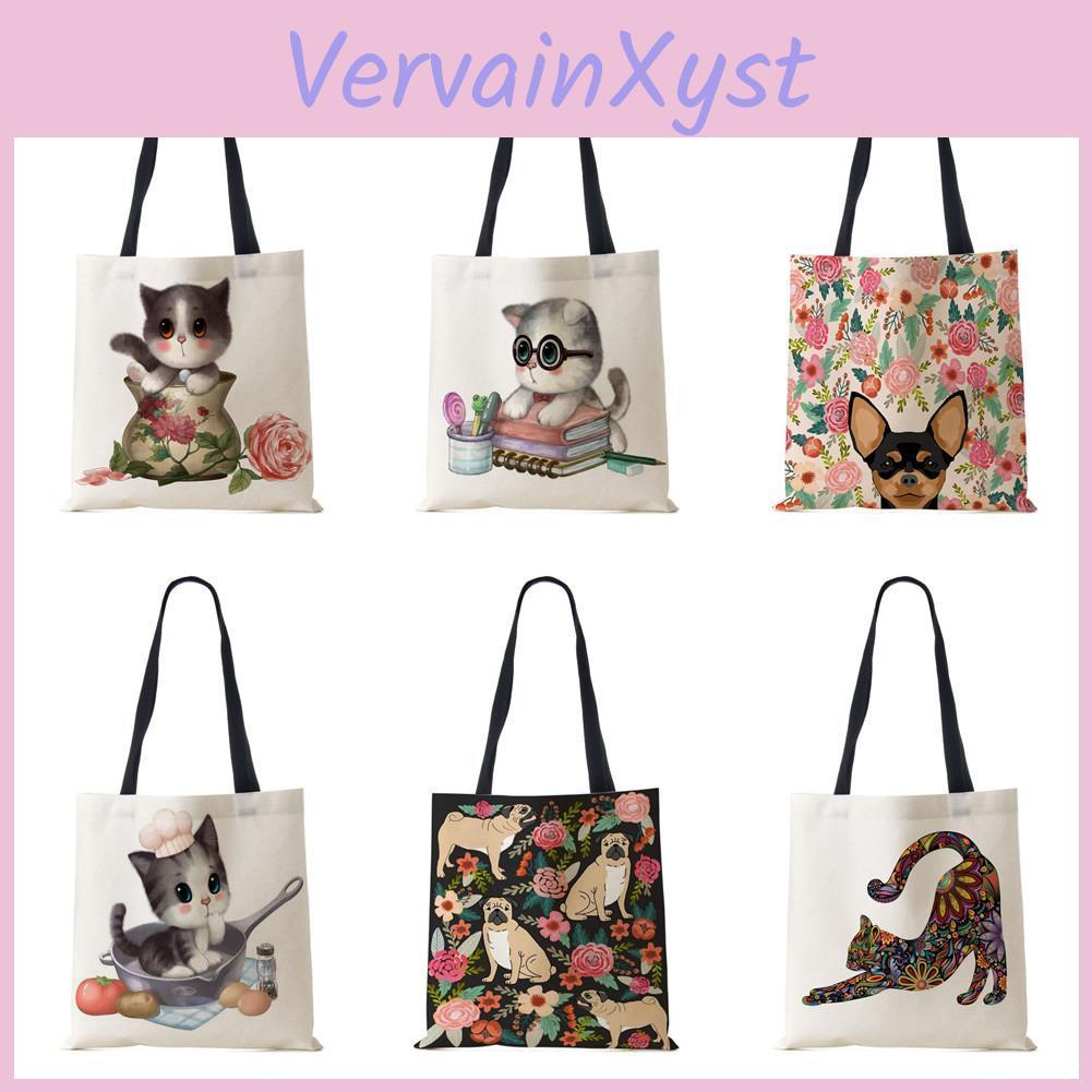 Bag Shoulder Dog Women Cat Shopper Travel Canvas Casual Handbag 2022 Eco Reused Print Vintage Large Capacity Tote Books Bag