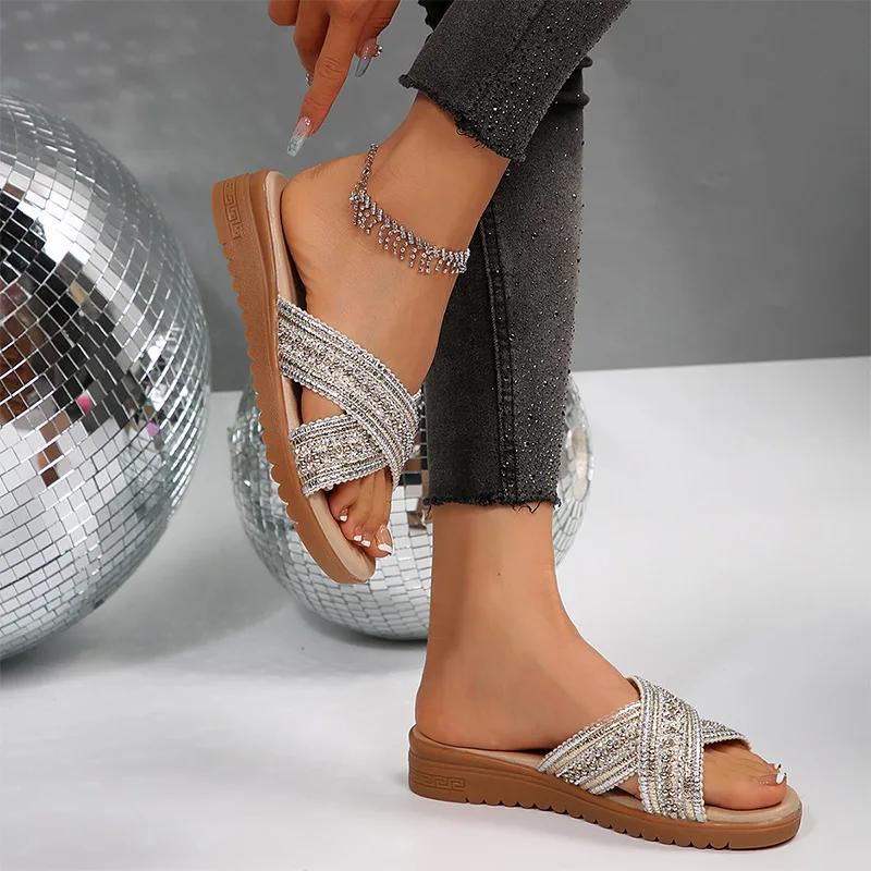 Fashion Shiny Crystal Wedges Sandals for Women Plus Size Cross Band Platform Party Slippers Woman 2025 Summer Thick Sole Non Slip Shoes