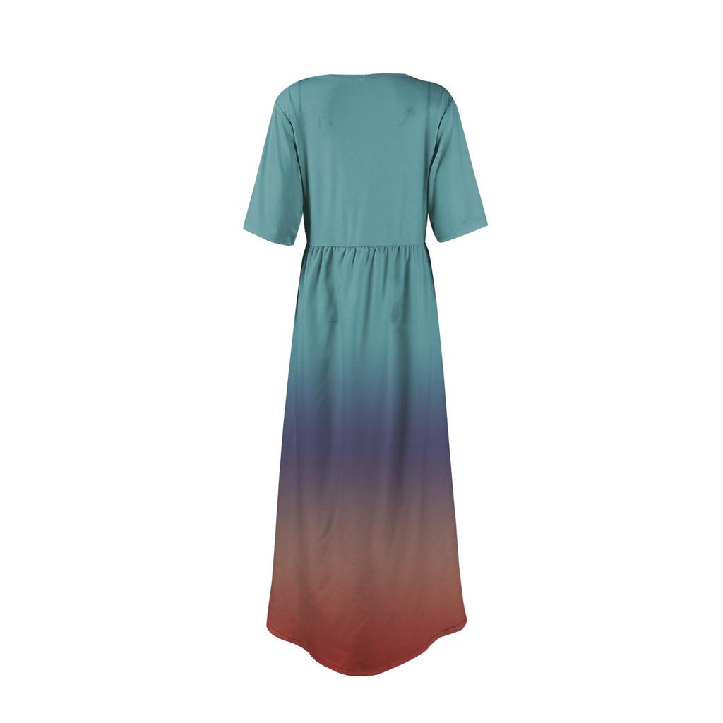 Women's Fashion Casual Short Sleeve Round Neck Splicing Gradient Elegant Temperament Dress
