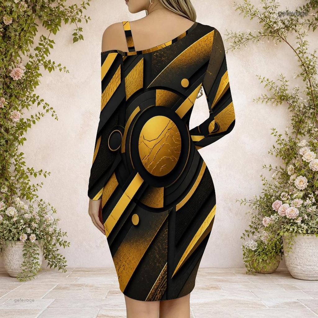 Women Plus Size Asymmetrical Cold Shoulder Long Sleeve Printed Green Black Bodycon Dress