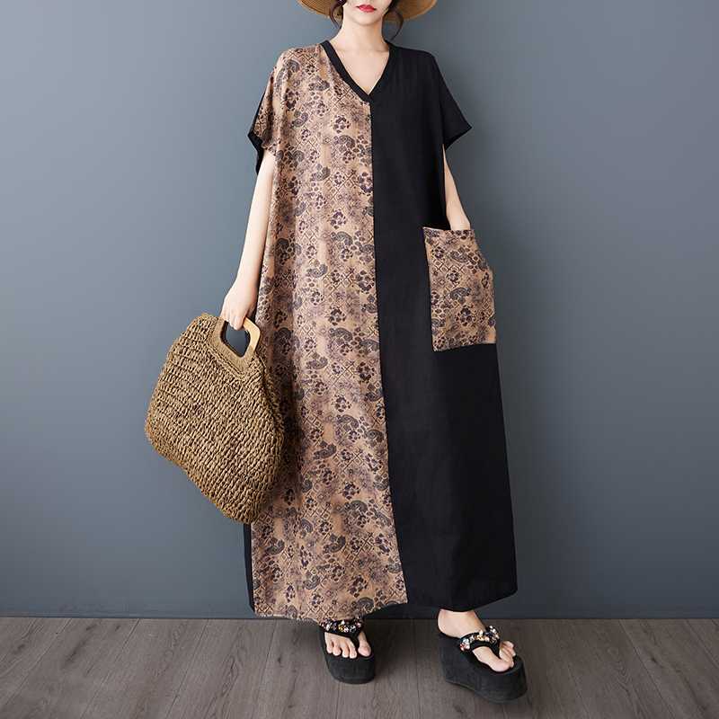 Women's Retro Slimming Short Sleeved Color Blocked Ultra Long Dress