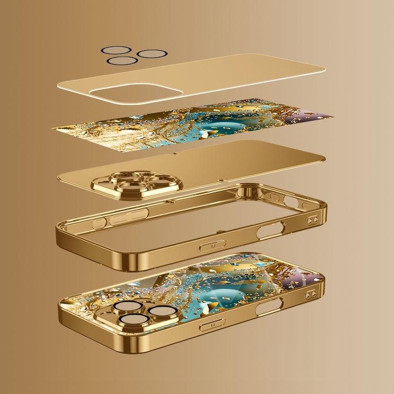 Gold Splattered Crystal Pattern Metallic Glass Phone Case For iPhone 11 12 13 14 15 16 17 Pro Max 14 Plus 17 Air 16E Cover