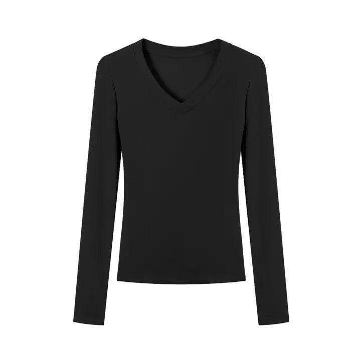 Women's Slim Fit V-Neck Retro T-Shirt: Versatile Autumn Base Layer Top
