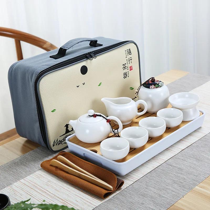 Ceramic Teapot One Pot Four Cup Outdoor Travel Kung Fu Tote Bag Set  Teaset Chinese Tea
