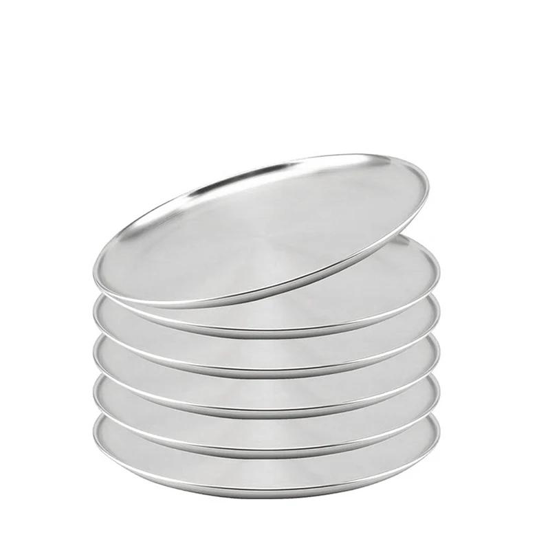 

6Pcs Stainless Steels Round Plate Rust-Proof Shallow Tray Plate 14-30cm Camping Silver Camping Plate BBQ Picnic Dishes Cookware