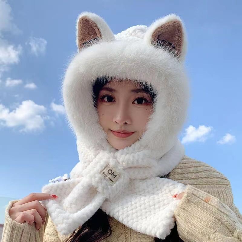Hat Scarf Integrated Hat Women's Autumn and Winter Hooded Scarf Adult Cycling Warm Fleece Ear Protectors Thickened Windproof Cap