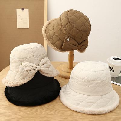 Fashion Bow Padded Bucket Hat Women's Autumn and Winter Casual Plush Basin Hat