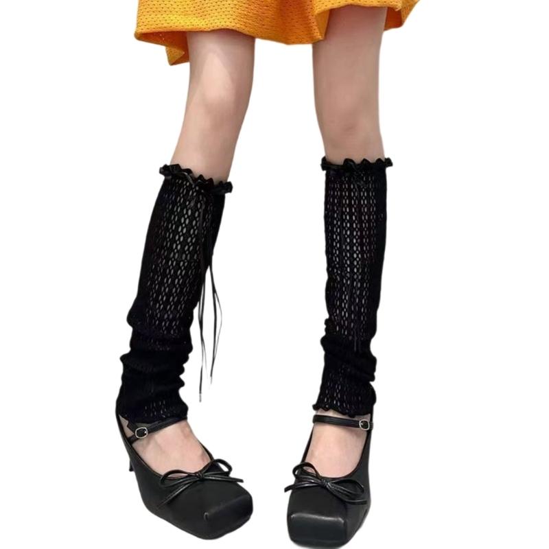 Hollowout Fishnet Lace Leg Warmers Arm Sleeves for Women Aesthetic Sheer Mesh Leg Covers with Ruffle Trim and Bowknot