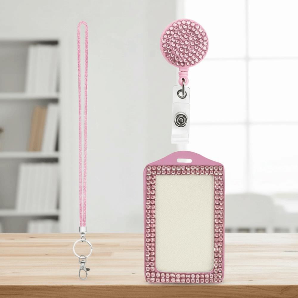 Bling ID Holder with Lanyard Rhinestone Decorated Elegant Design Shiny Finish Badge Reel Retractable Lanyard Easy Pull Buckle