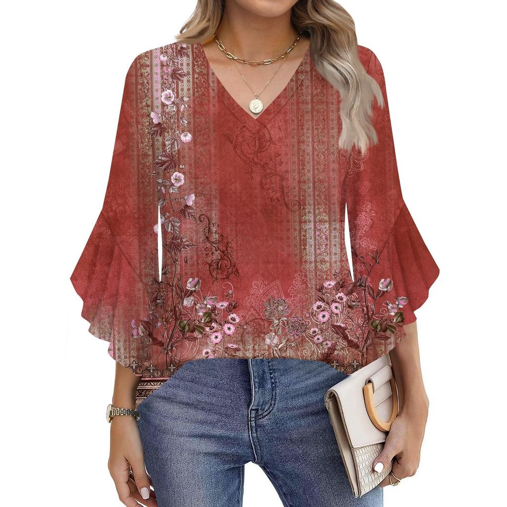 Women's Fashion Casual Seven-minute Sleeve Vintage Floral Print Top V-neck T-shirt Flared Sleeve Shirt