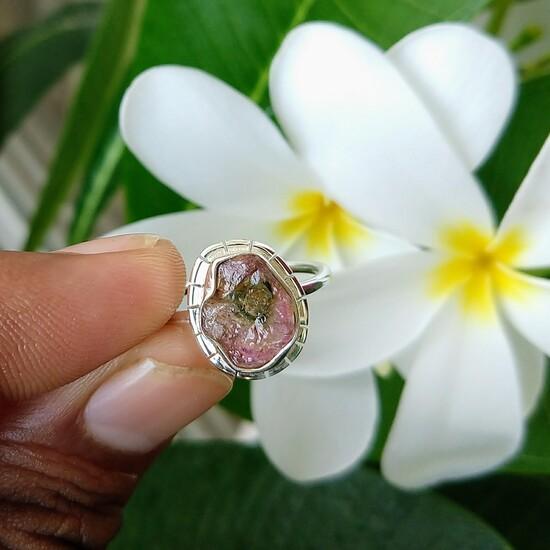 925 Sterling Silver Raw Watermelon Tourmaline Gemstone Ring Sz 6  Christmas Gift