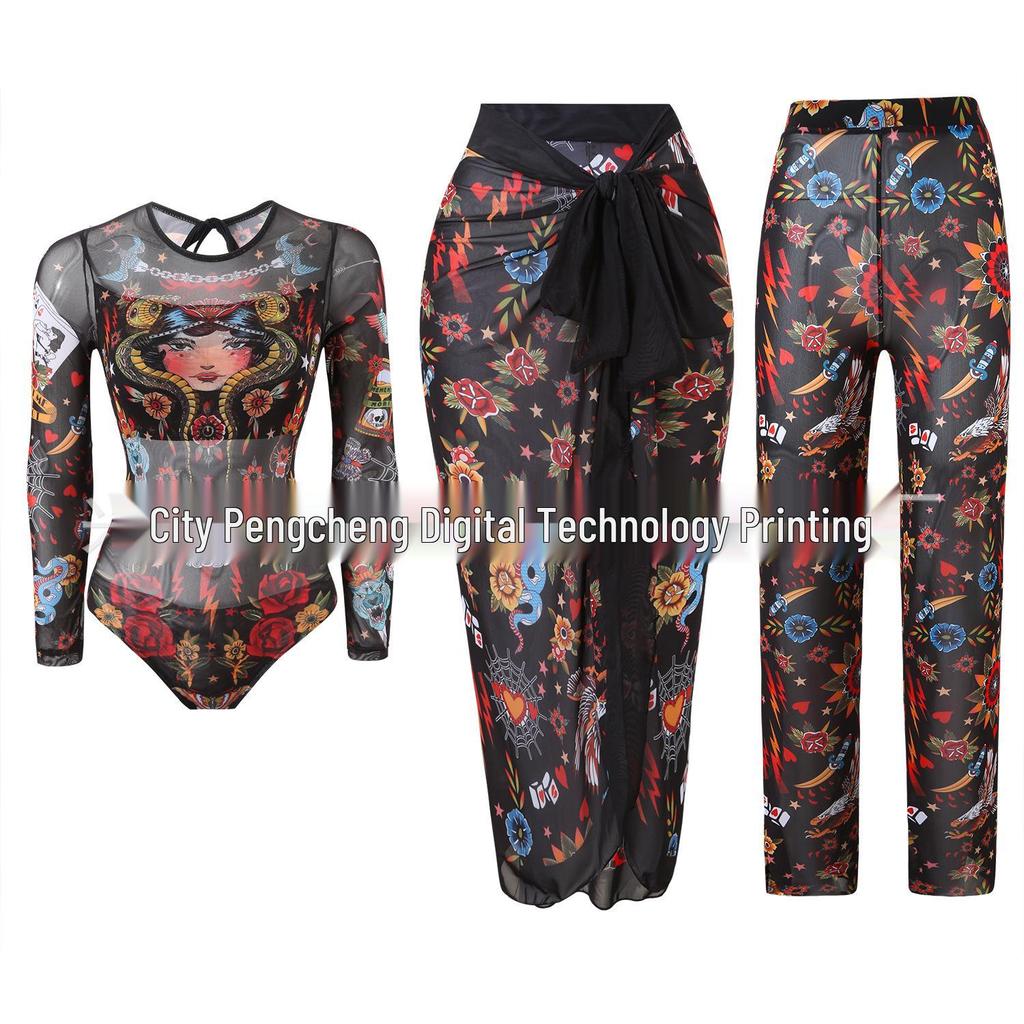 Women's Three-Piece Set: One-Piece Long-Sleeved Sun Protection Swimsuit with Mesh Long Pants