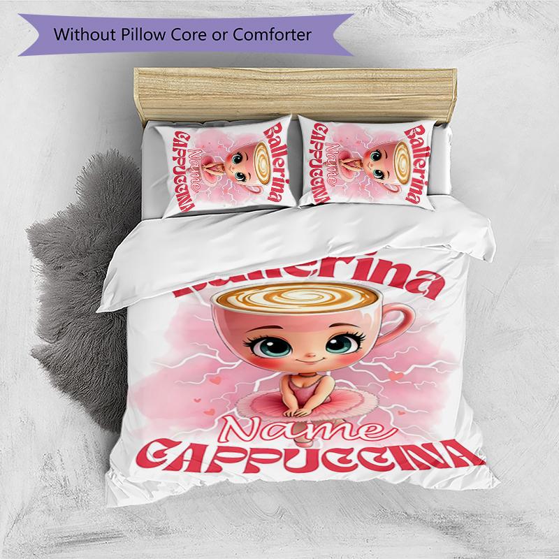 3pcs Custom Name Ballerina Capuchina Bedding Set Duvet Cover Closure Includes 1 Duvet Cover & 2 Pillowcases for All Seasons Bedroom Decor