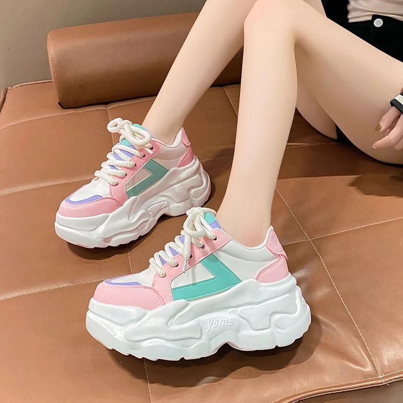 Fashion 8.5CM Wedges Leather Sneakers Women New Autumn Fashion Hidden Heels Sports Dad Shoes Thick Sole Platform Chunky Sneakers Spring