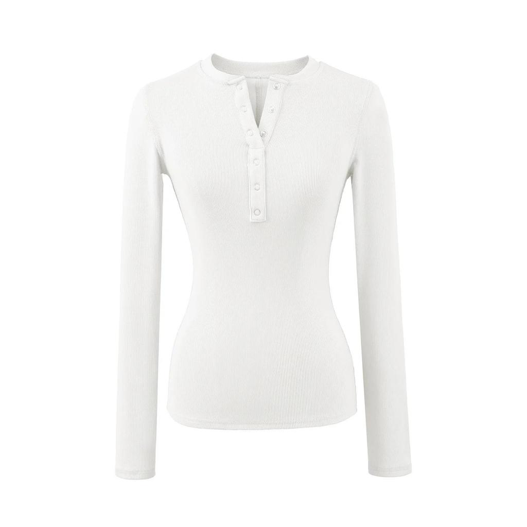 Women's Korean Style Henry Collar Long Sleeve Base Layer T-shirt for Autumn/Winter – Stylish, Stretchy, Basic Top