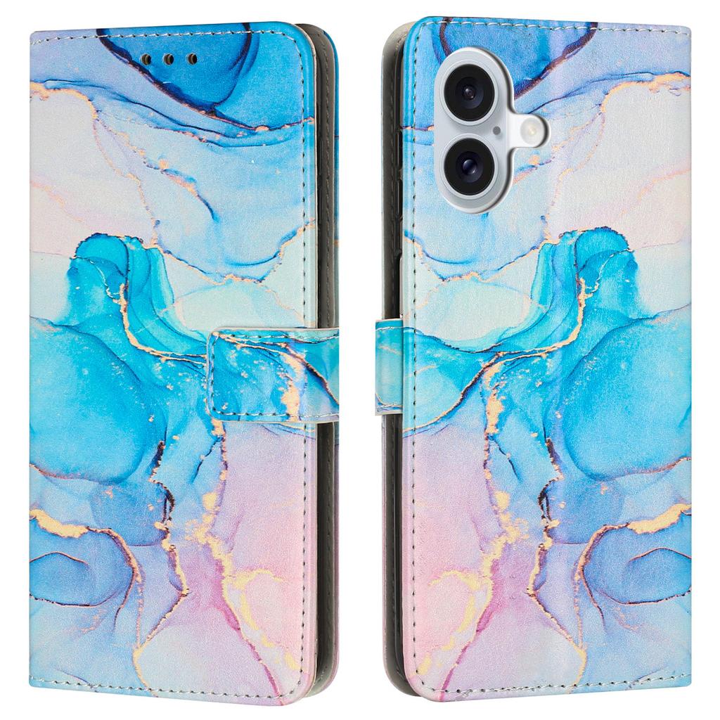 For iPhone 16 Stand Case Marble Pattern PU Leather Wallet Phone Cover with Wrist Strap