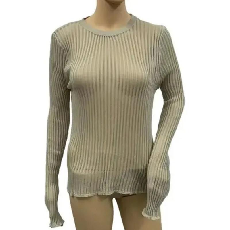 Frühling Sommer Gestrickte Pullover Frauen Dünne Atmungsaktive Langarm Koreanische T Shirt Weibliche Perspektive Strickwaren Tops Elegante 30405